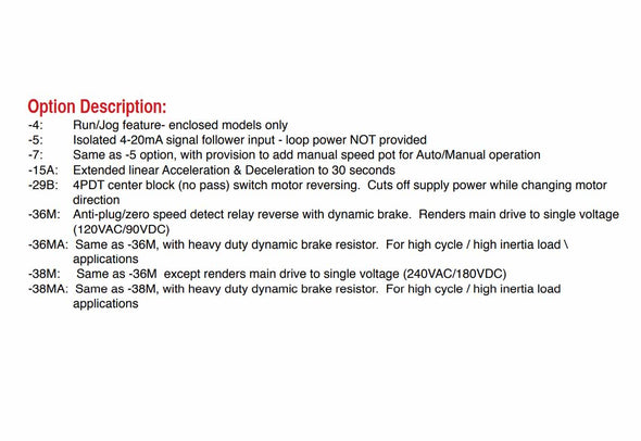 530 Series Option Descriptions